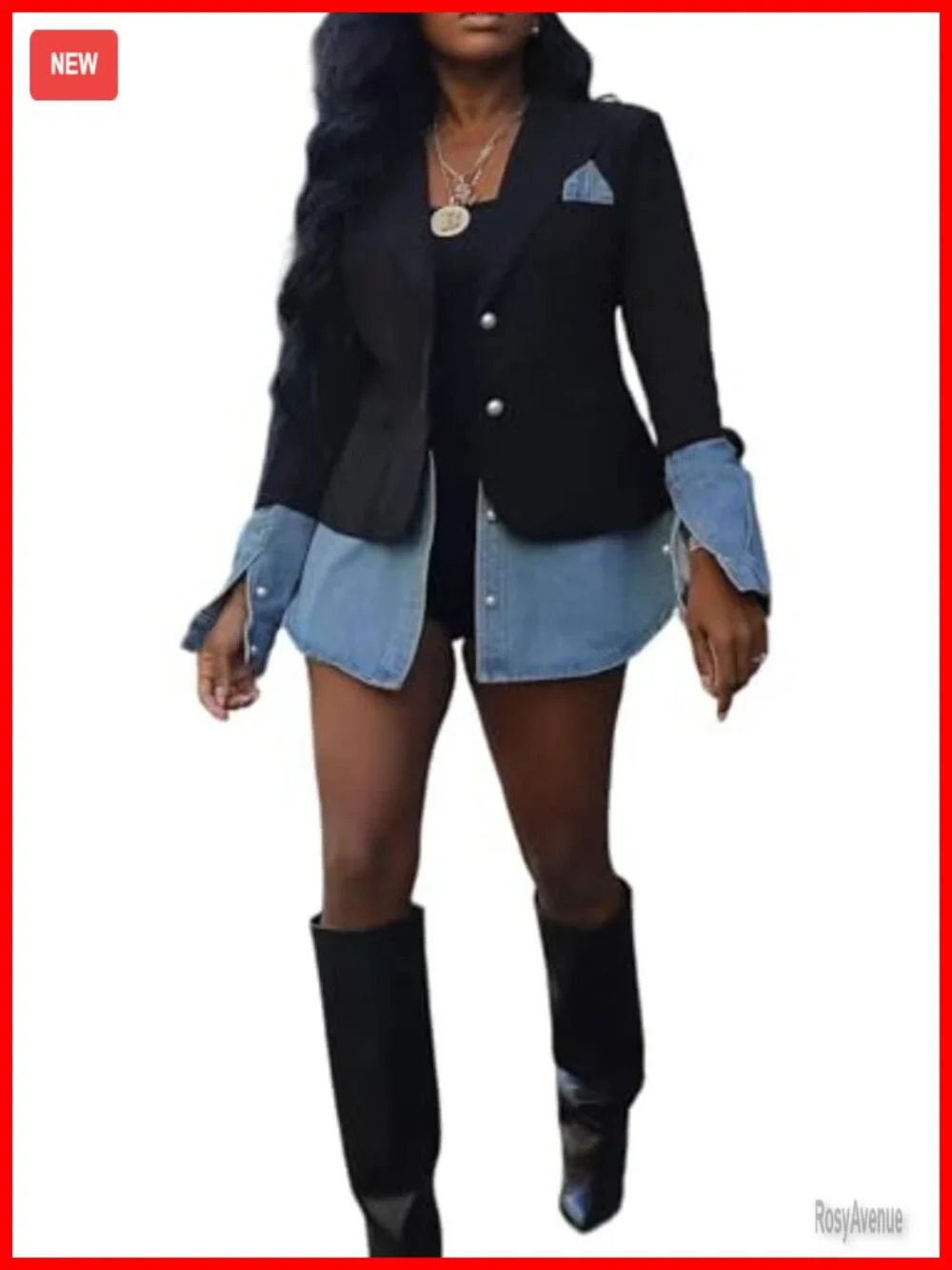 Patchwork Denim Blazer Jacket with Pearls